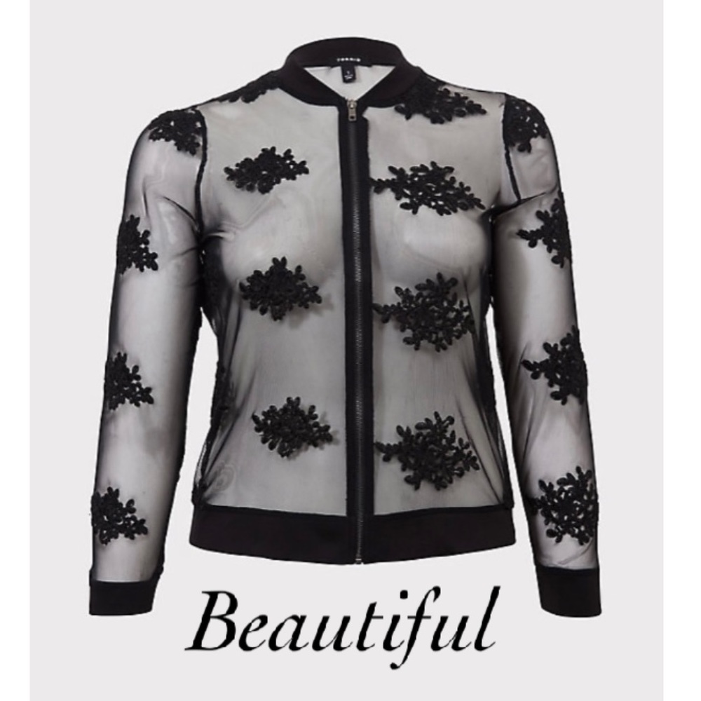 EUC Torrid Black Floral Mesh Bomber Jacket 3X SEXY